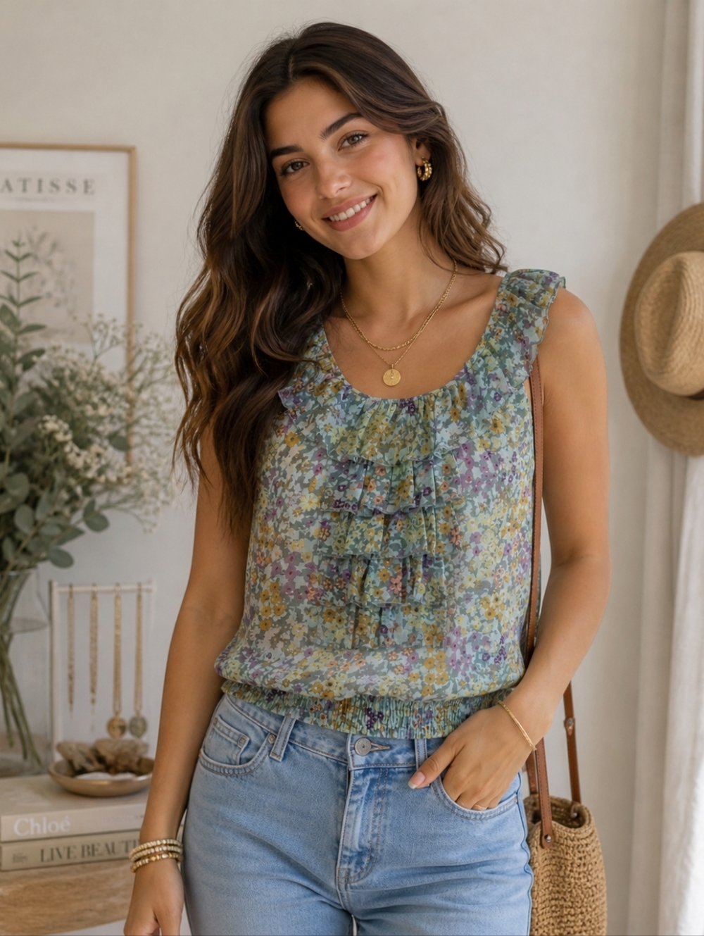 Vintage XXI Sheer Ruffled Floral Sleeveless Top. Size M